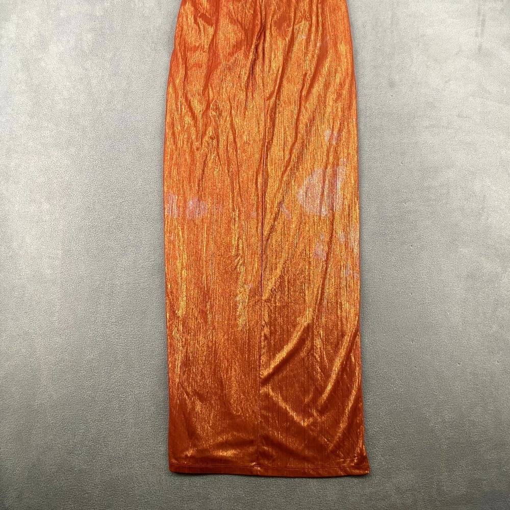 Social Couture Maxi Dress Womens 9/10 Metallic Orange Ruched Wedding Cowl Neck - Picture 8 of 10